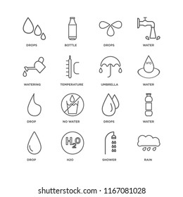 Set Of 16 simple line icons such as Rain, Shower, H2o, Drop, Water, Drops, Watering, Umbrella, editable stroke icon pack, pixel perfect