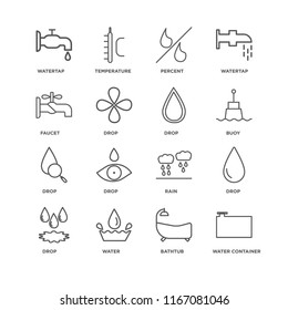 Set Of 16 simple line icons such as Water Container, Bathtub, Water, Drop, Watertap, Faucet, editable stroke icon pack, pixel perfect