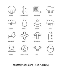 Set Of 16 simple line icons such as Canteen, H2o, Water cycle, Drops, Shower, Waves, Storm, Watering, Water, editable stroke icon pack, pixel perfect