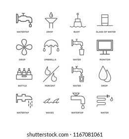 Set Of 16 simple line icons such as Water, Watertap, Waves, Drop, Bottle, editable stroke icon pack, pixel perfect