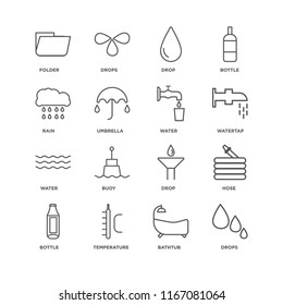 Set Of 16 simple line icons such as Drops, Bathtub, Temperature, Bottle, Hose, Folder, Rain, Water, editable stroke icon pack, pixel perfect