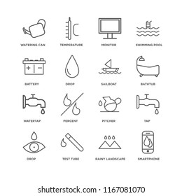 Set Of 16 simple line icons such as Smartphone, Rainy Landscape, Test tube, Drop, Tap, Watering Can, Battery, Watertap, Sailboat, editable stroke icon pack, pixel perfect