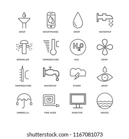 Set Of 16 simple line icons such as Waves, Monitor, Fire Hose, Umbrella, Drop, Sprinkler, Temperature, H2o, editable stroke icon pack, pixel perfect