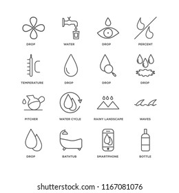Set Of 16 simple line icons such as Bottle, Smartphone, Bathtub, Drop, Waves, Temperature, Pitcher, editable stroke icon pack, pixel perfect
