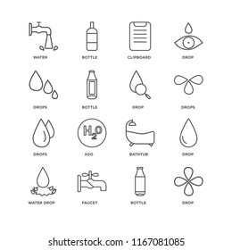 Set Of 16 simple line icons such as Drop, Bottle, Faucet, Water drop, Water, Drops, editable stroke icon pack, pixel perfect