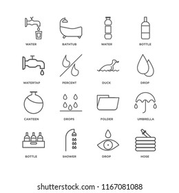 Set Of 16 simple line icons such as Hose, Drop, Shower, Bottle, Umbrella, Water, Watertap, Canteen, Duck, editable stroke icon pack, pixel perfect