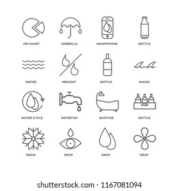 Set Of 16 simple line icons such as Drop, Snow, Bottle, Pie chart, Water, Water cycle, editable stroke icon pack, pixel perfect