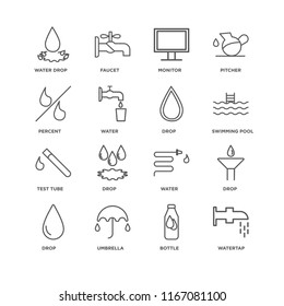 Set Of 16 simple line icons such as Watertap, Bottle, Umbrella, Drop, Water drop, Percent, Test tube, editable stroke icon pack, pixel perfect