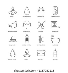 Set Of 16 simple line icons such as Bottle, Battery, Drop, Water drop, Bathtub, Watering Can, Sailboat, Percent, editable stroke icon pack, pixel perfect