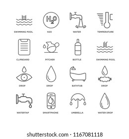 Set Of 16 simple line icons such as Water drop, Umbrella, Smartphone, Watertap, Drop, Swimming pool, Clipboard, Bottle, editable stroke icon pack, pixel perfect