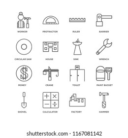 Set Of 16 simple line icons such as Hammer, Factory, Calculator, Shovel, Paint bucket, Worker, Circular saw, Money, Sink, editable stroke icon pack, pixel perfect
