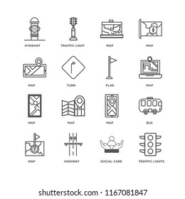 Set Of 16 simple line icons such as Traffic lights, Social care, Highway, Map, Bus, Hydrant, Flag, editable stroke icon pack, pixel perfect