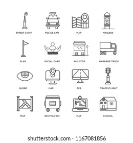 Set Of 16 simple line icons such as School, Map, Recycle bin, Traffic light, Street Flag, Globe, Bus stop, editable stroke icon pack, pixel perfect