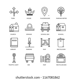 Set Of 16 simple line icons such as Recycling bin, Map, Bin, Traffic light, Recycle Turn, Church, Library, School bus, editable stroke icon pack, pixel perfect