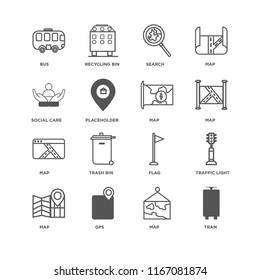 Set Of 16 simple line icons such as Tram, Map, Gps, Traffic light, Bus, Social care, editable stroke icon pack, pixel perfect
