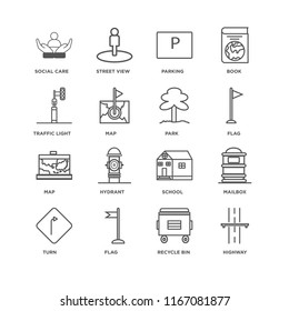 Set Of 16 simple line icons such as Highway, Recycle bin, Flag, Turn, Mailbox, Social care, Traffic light, Map, Park, editable stroke icon pack, pixel perfect