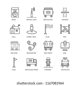 Set Of 16 simple line icons such as Police car, Hydrant, Recycling truck, Flag, Map, Book, Hall, Bus stop, editable stroke icon pack, pixel perfect