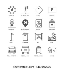 Set Of 16 simple line icons such as House, Recycling bin, Recycle Road sweeper, Map, Compass, Hydrant, Flag, Book, editable stroke icon pack, pixel perfect