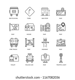 Set Of 16 simple line icons such as Traffic light, Map, Police car, Toilet, Recycle bin, Fire truck, editable stroke icon pack, pixel perfect