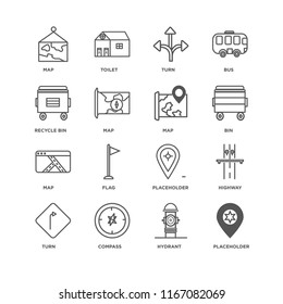 Set Of 16 simple line icons such as Placeholder, Hydrant, Compass, Turn, Highway, Map, Recycle bin, editable stroke icon pack, pixel perfect