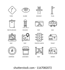 Set Of 16 simple line icons such as House, Map, Lunchbox, Compass, Toilet, Turn, Recycling bin, editable stroke icon pack, pixel perfect