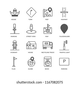Set Of 16 simple line icons such as Parking, Book, Globe, Flag, Traffic light, House, Hydrant, Map, editable stroke icon pack, pixel perfect