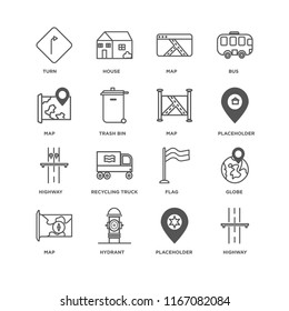 Set Of 16 simple line icons such as Highway, Placeholder, Hydrant, Map, Globe, Turn, editable stroke icon pack, pixel perfect