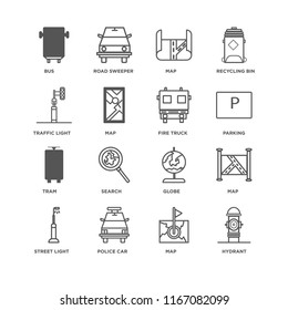 Set Of 16 simple line icons such as Hydrant, Map, Police car, Street light, Bus, Traffic Tram, Fire truck, editable stroke icon pack, pixel perfect