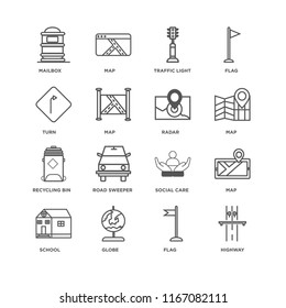 Set Of 16 simple line icons such as Highway, Flag, Globe, School, Map, Mailbox, Turn, Recycling bin, Radar, editable stroke icon pack, pixel perfect