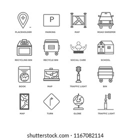 Set Of 16 simple line icons such as Traffic light, Globe, Turn, Map, Bin, Placeholder, Recycling bin, Book, Social care, editable stroke icon pack, pixel perfect