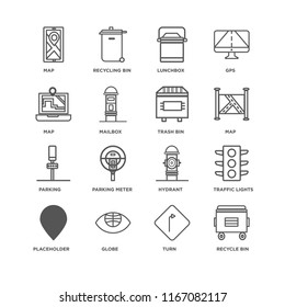 Set Of 16 simple line icons such as Recycle bin, Turn, Globe, Placeholder, Traffic lights, Map, Parking, Trash editable stroke icon pack, pixel perfect
