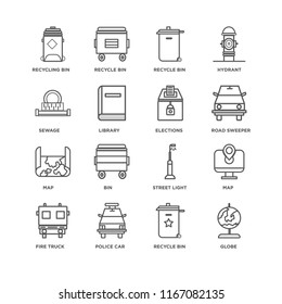 Set Of 16 simple line icons such as Globe, Recycle bin, Police car, Fire truck, Map, Recycling Sewage, Elections, editable stroke icon pack, pixel perfect