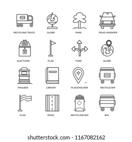 Set Of 16 simple line icons such as Bin, Recycling bin, Road, Flag, Recycle truck, Elections, Mailbox, Turn, editable stroke icon pack, pixel perfect