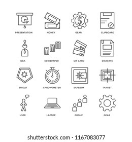 Set Of 16 simple line icons such as Gear, Group, Laptop, User, Target, Presentation, Idea, Shield, Cit card, editable stroke icon pack, pixel perfect