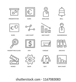 Set Of 16 simple line icons such as Bar chart, Suit, Gear, Money, Archive, Presentation, Euro, Magnifying glass, editable stroke icon pack, pixel perfect