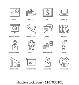 Set Of 16 simple line icons such as Lifeguard, Employee, Presentation, Bar chart, User, Euro, Businessman, Chat, editable stroke icon pack, pixel perfect