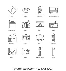 Set Of 16 simple line icons such as Flag, Traffic light, Map, Mailbox, Turn, Lunchbox, Church, editable stroke icon pack, pixel perfect