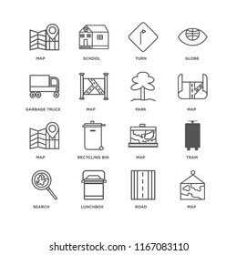 Set Of 16 simple line icons such as Map, Road, Lunchbox, Search, Tram, Garbage truck, Park, editable stroke icon pack, pixel perfect