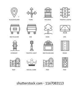 Set Of 16 simple line icons such as Map, Social care, Road, Placeholder, Recycle bin, Hydrant, Park, editable stroke icon pack, pixel perfect