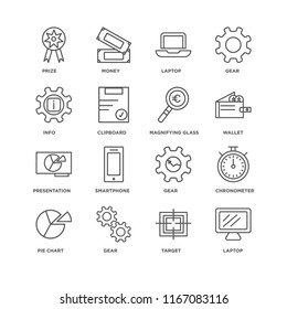 Set Of 16 simple line icons such as Laptop, Target, Gear, Pie chart, Chronometer, Prize, Info, Presentation, Magnifying glass, editable stroke icon pack, pixel perfect