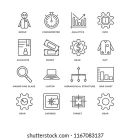 Set Of 16 simple line icons such as Gear, Target, Safebox, Bar chart, Group, Accounts, Magnifying glass, editable stroke icon pack, pixel perfect
