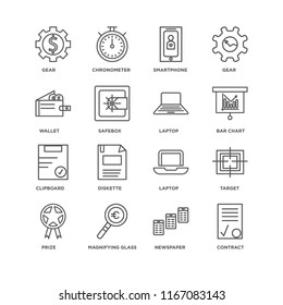 Set Of 16 simple line icons such as Contract, Newspaper, Magnifying glass, Prize, Target, Gear, Wallet, Clipboard, Laptop, editable stroke icon pack, pixel perfect