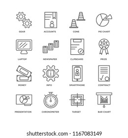 Set Of 16 simple line icons such as Bar chart, Target, Chronometer, Presentation, Contract, Gear, Laptop, Money, Clipboard, editable stroke icon pack, pixel perfect
