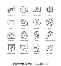 Set Of 16 simple line icons such as Pie chart, Contract, Presentation, Magnifying glass, Newspaper, Money, Briefcase, Dollar, editable stroke icon pack, pixel perfect