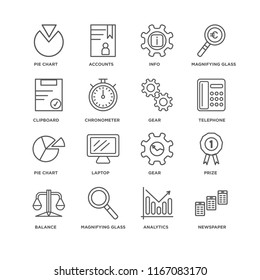 Set Of 16 simple line icons such as Newspaper, Analytics, Magnifying glass, Balance, Prize, Pie chart, Clipboard, Gear, editable stroke icon pack, pixel perfect