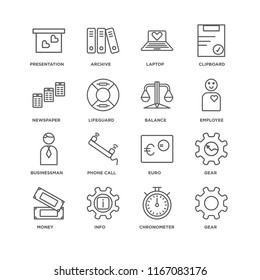 Set Of 16 simple line icons such as Gear, Chronometer, Info, Money, Presentation, Newspaper, Businessman, Balance, editable stroke icon pack, pixel perfect