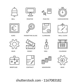 Set Of 16 simple line icons such as Gear, Newspaper, Contract, Briefcase, Calendar, Bell, Euro, Clipboard, editable stroke icon pack, pixel perfect