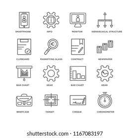 Set Of 16 simple line icons such as Chronometer, Cheque, Target, Briefcase, Gear, Smartphone, Clipboard, Bar chart, Contract, editable stroke icon pack, pixel perfect