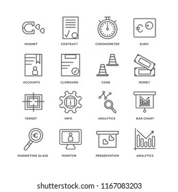 Set Of 16 Simple Line Icons Such As Analytics, Presentation, Monitor, Magnifying Glass, Bar Chart, Magnet, Accounts, Target, Cone, Editable Stroke Icon Pack, Pixel Perfect