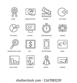 Set Of 16 simple line icons such as Cheque, Group, Contract, Bar chart, Euro, Prize, Pie Magnifying glass, Chronometer, editable stroke icon pack, pixel perfect